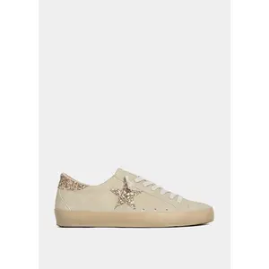 PAULA Sand Suede Star Sneaker with Faux Suede Upper Warm Gold Glitter Heel Tab and Star Soft White Cotton Laces Cushioned Interior