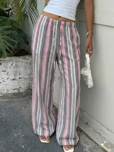 Women's Striped Linen Wide Leg Pants, Beach Vacation Wear, Elegant Natural Summer, Casual Loose Fit, Asymmetrical Design