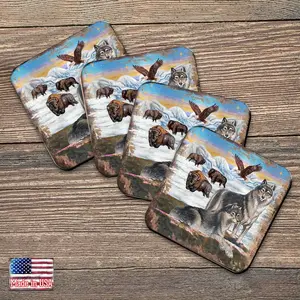 Nature Wonders 95222C-S4 4 x 4 in. Winter Wolves Wooden Cork Coasters Gift - Set of 4