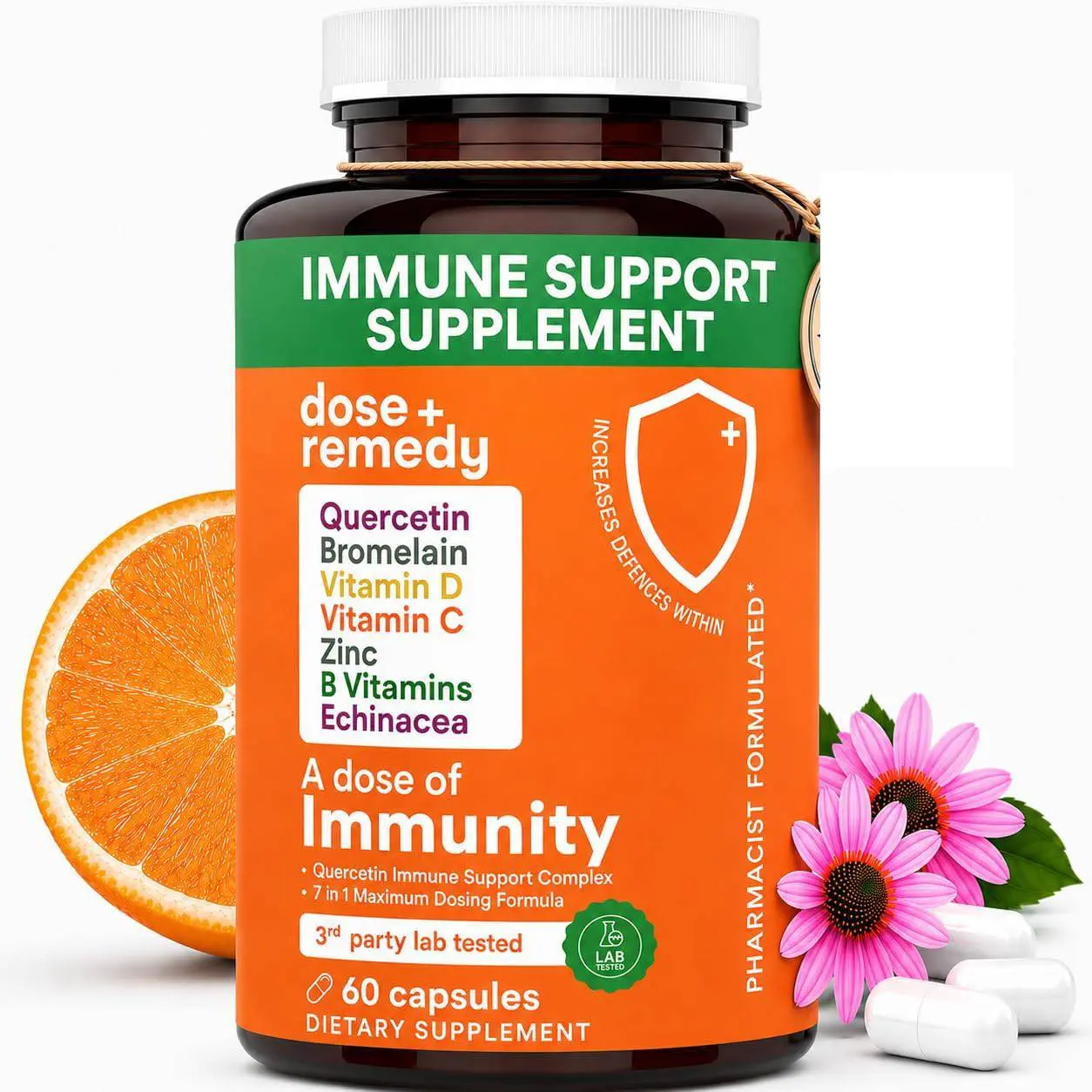 7 in 1 Quercetin 500mg Supplement with Bromelain, Zinc, Vitamin C, Vitamin D & Vitamin B Complex Echinacea Immune Support Booster Supplements - 60 Count