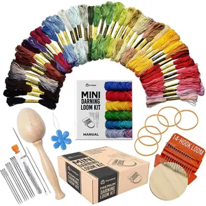 Mini Loom & Darning Kit with 14 Hooks, 10 Knitting Needles, 50 Colors Thread, DIY Sock Mending Tool, Complete Kit with Guide (Orange)