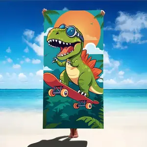 Cute cartoon dinosaur beach towel, extra large, lightweight, quick-drying, super absorbent, with bright colors, surfing dinosaur and tropical style design