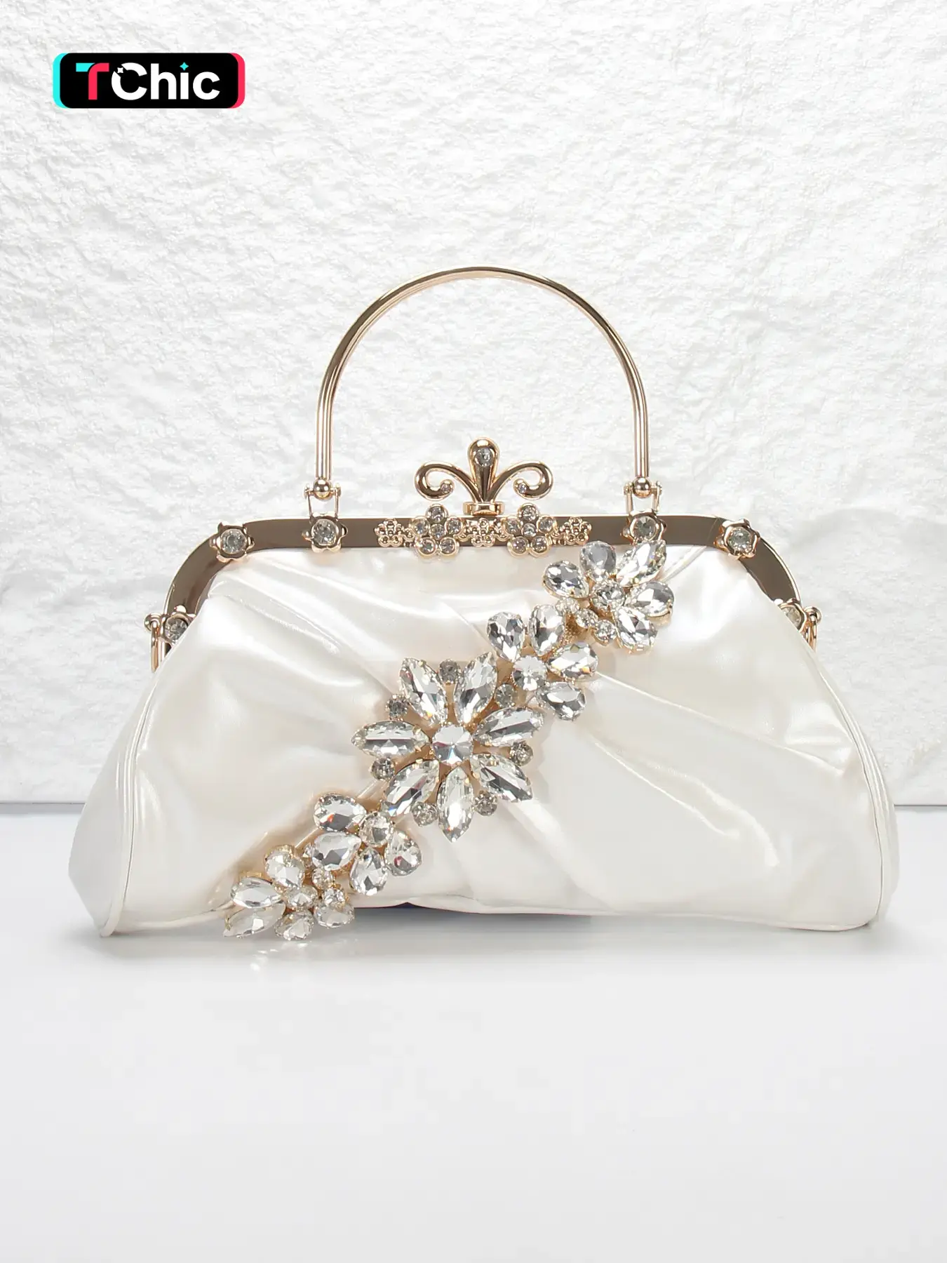 Elegant white pleated PU women's evening bag, rhinestone flower decoration handbag, clutch bag, Embellished Clutch, with shoulder chain can be replaced shoulder crossbody bag, suitable for weddings, parties, proms, homecoming gifts, holiday gifts