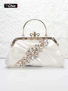 Elegant white pleated PU women's evening bag, rhinestone flower decoration handbag, clutch bag, Embellished Clutch, with shoulder chain can be replaced shoulder crossbody bag, suitable for weddings, parties, proms, homecoming gifts, holiday gifts