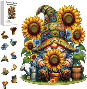 200pcs Wooden Puzzles for Adults Unique Animal Shaped Pieces Colorful Funny Jigsaw Puzzle Challenging Brain Teaser for Family Game Birthday Gift Home Decor (Gnome and Sunflower)
