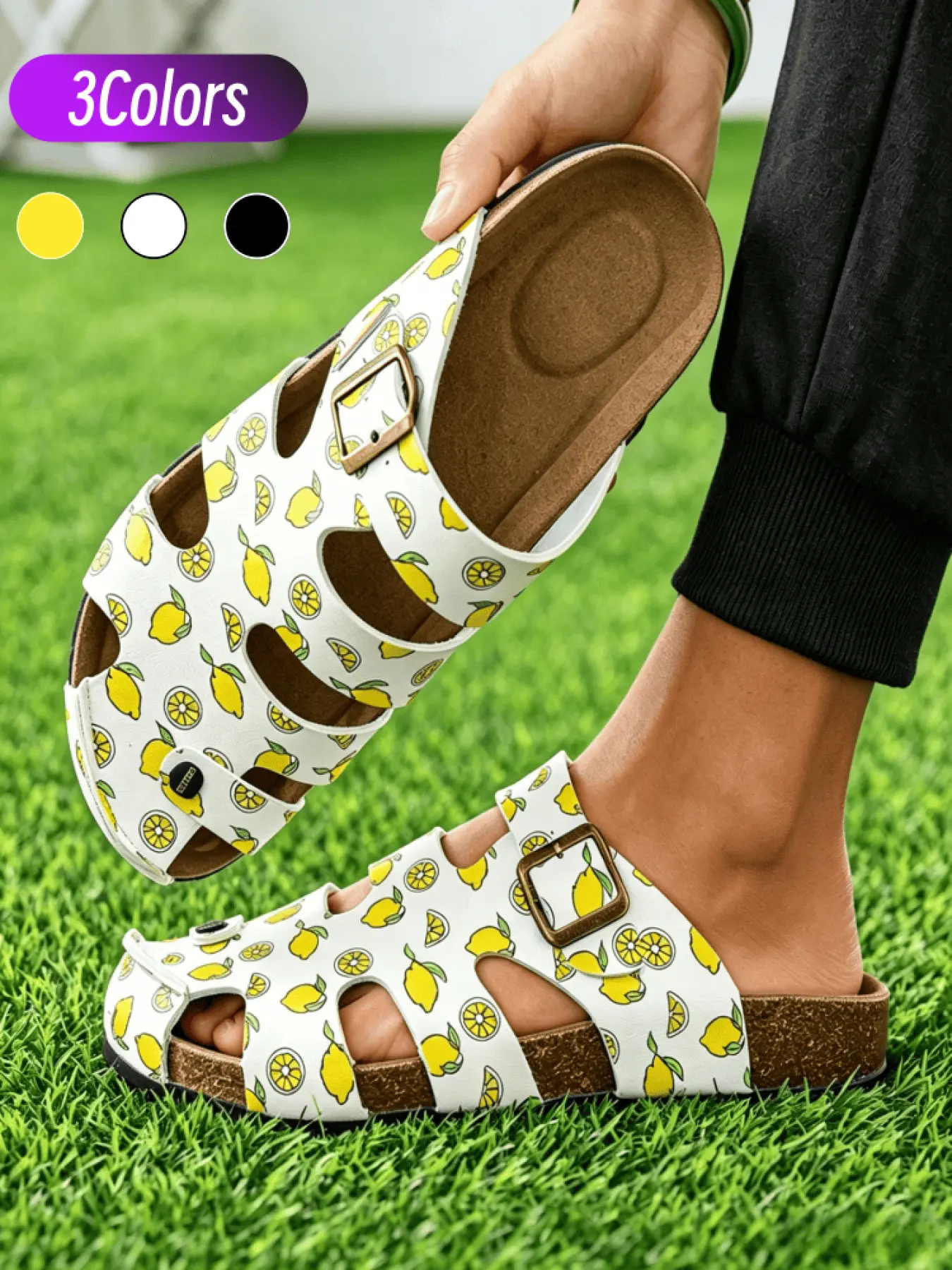 Men's Polka Dot/Lemon Print Closed-Toe Slippers 39-44 Sizes Adjustable Buckle Wear-Resistant Casual Sandals