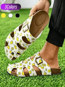 Men's Polka Dot/Lemon Print Closed-Toe Slippers 39-44 Sizes Adjustable Buckle Wear-Resistant Casual Sandals