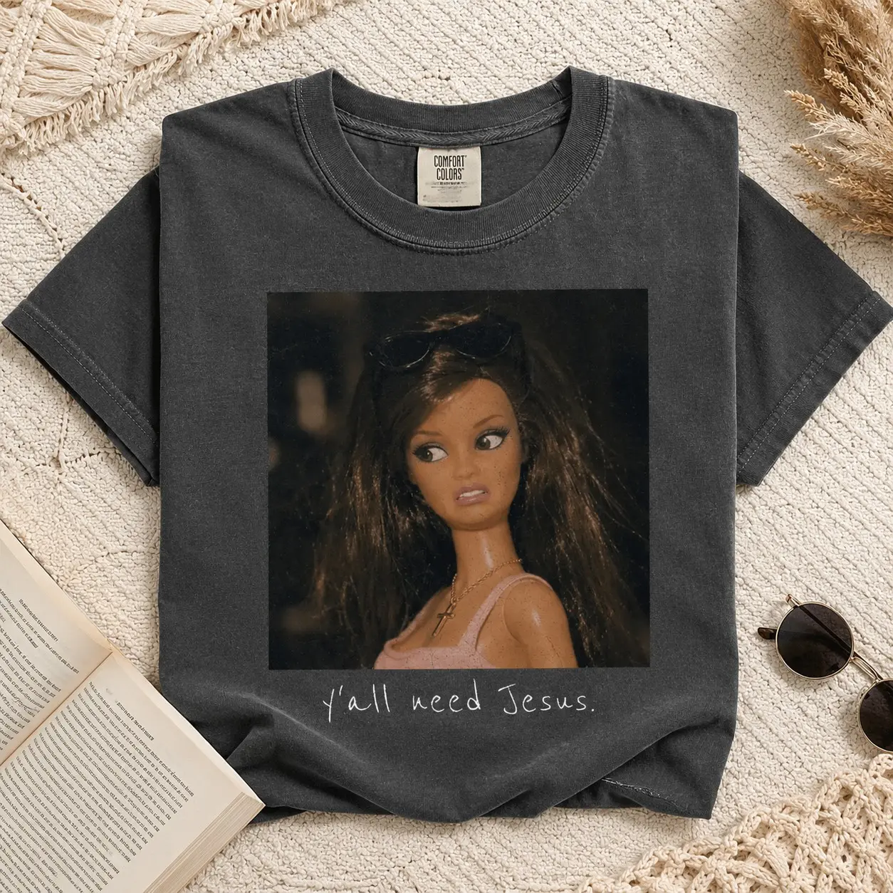 Comfort Colors Y'all Need Jesus Doll Meme Women Graphic Shirt Everyday Wear, Sarcastic Southern Weekend Tee Funny Gag Gift