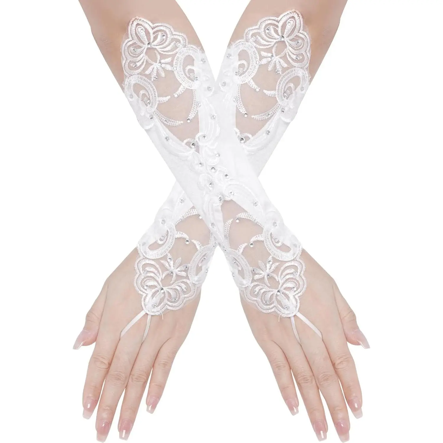 Women's Classic Fingerless Lace Gloves, Comfortable Nylon Bridal Accessories with Rhinestones for Wedding Party, Prom, Halloween, Hand Wash, Birthday Parties, Cocktail Parties