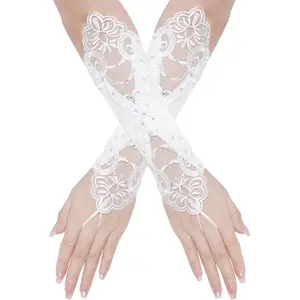 White Lace Gloves for Women Fingerless Rhinestone Bridal Gloves for Wedding Party Prom Costume Accessories