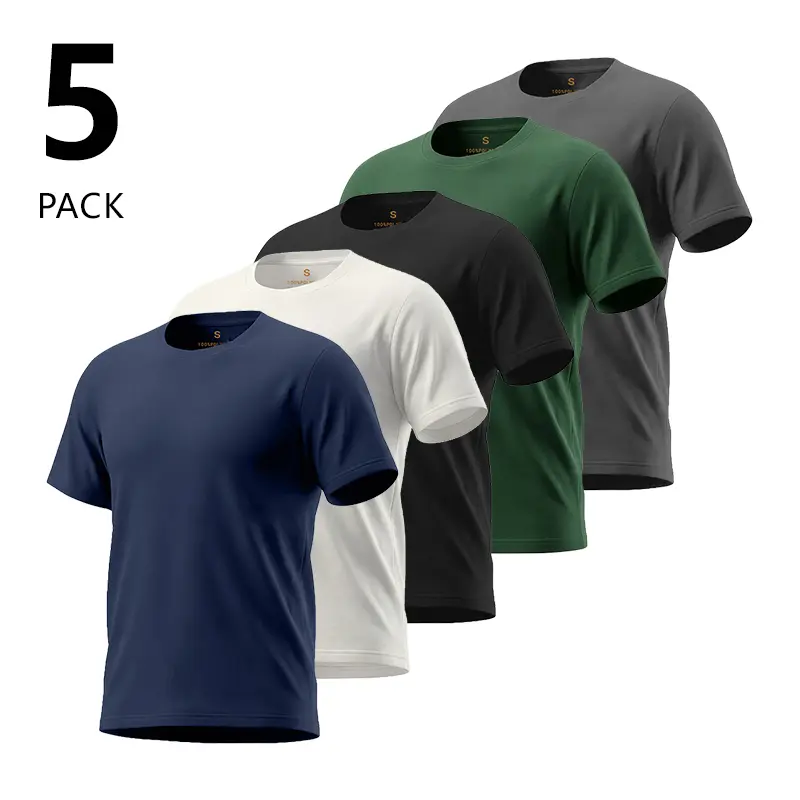 Pack of 5 – Men’s solid-color crew neck short-sleeve T-shirts, stylish casual tops, breathable moisture-wicking quick-dry T-shirts, suitable for summer workouts, running training, mountaineering, hiking, beachwear, and outdoor wear.