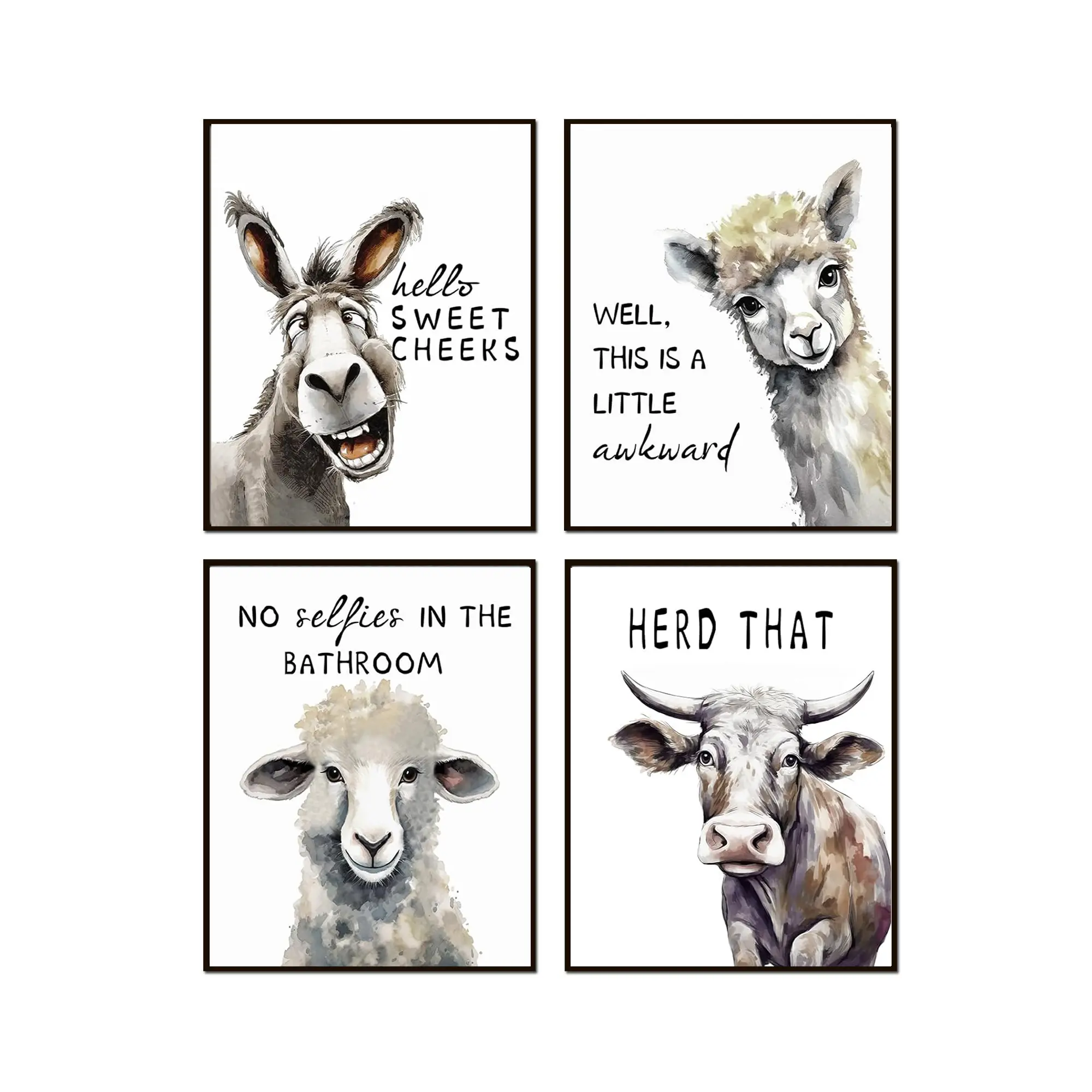 Framed Watercolor Animal Wall Art Prints - Set of 4 Donkey, Alpaca, Sheep, Cow Posters, Nature-Inspired Home Decoration for Bathroom, Rustic Room, Classroom