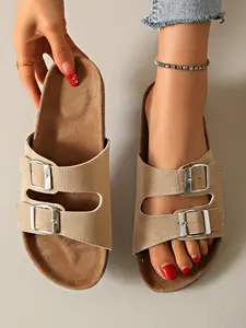 Ladies' comfortable adjustable buckle soft bottom sandals, stylish slippers for one foot, cork insole flat bottom slippers suitable for daily outdoor vacations in spring and summer