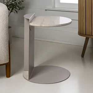 JONATHAN Y Evelyn 16" Contemporary Natural Marble/Metal Handmade C-Shaped End Table, Beige/Pink Beige