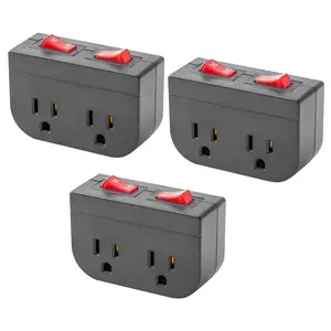 Grounded Outlet with On Off , Double Port Electrical Outlet Plug , for Cruise Ship, Hard-to-Reach Lamps, Kitchen Appliances, Energy Efficient, 1875W/15A, ETL Listed, Black, 3 Pack