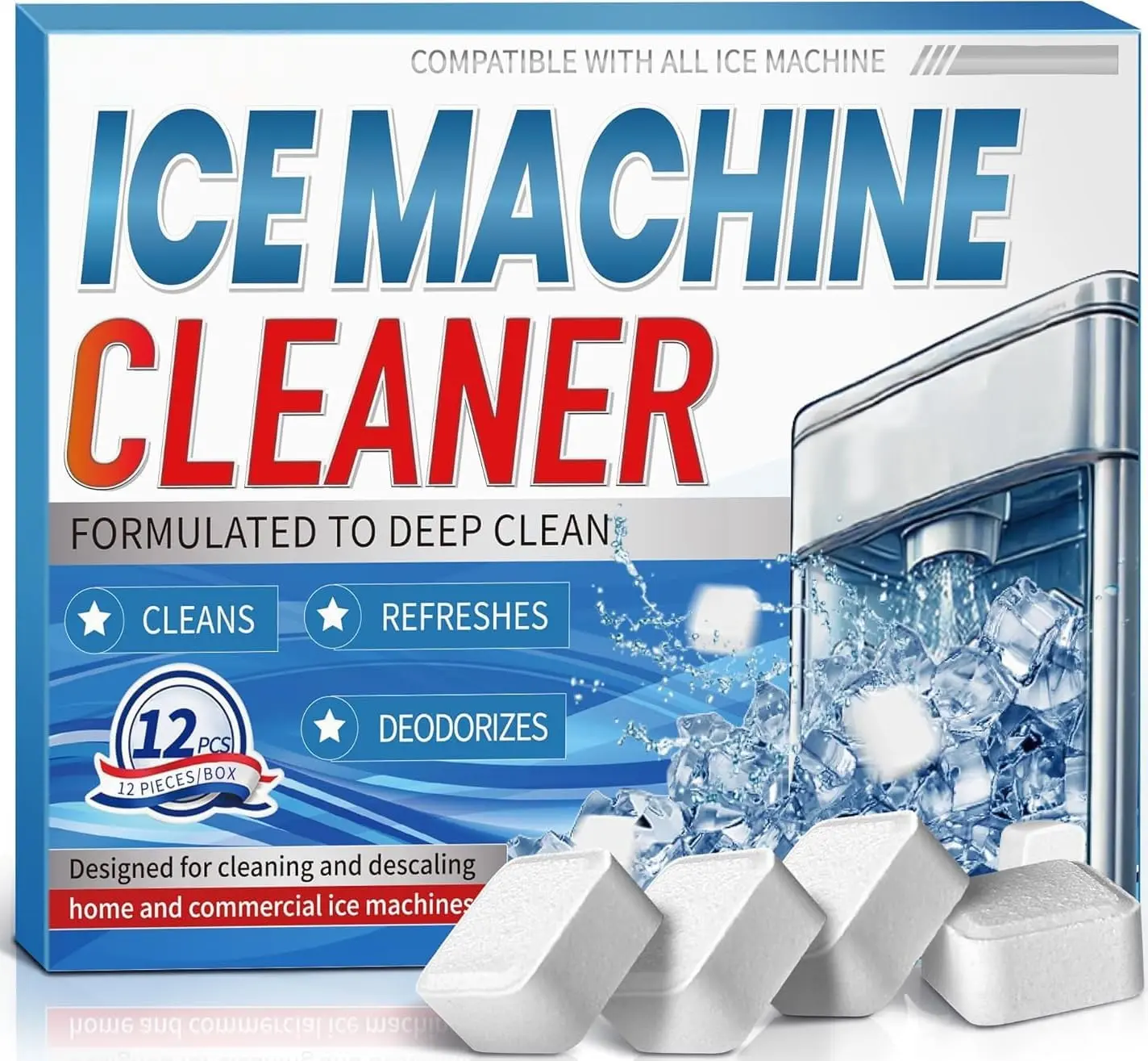Ice Machine Cleaner Maker Descaler - 12 Unscented Clean Tablets Compatible with Opal, Kitchenaid, GE Profile,Nickel Safe Scale Remover for Countertop, Nugget Ice Makers
