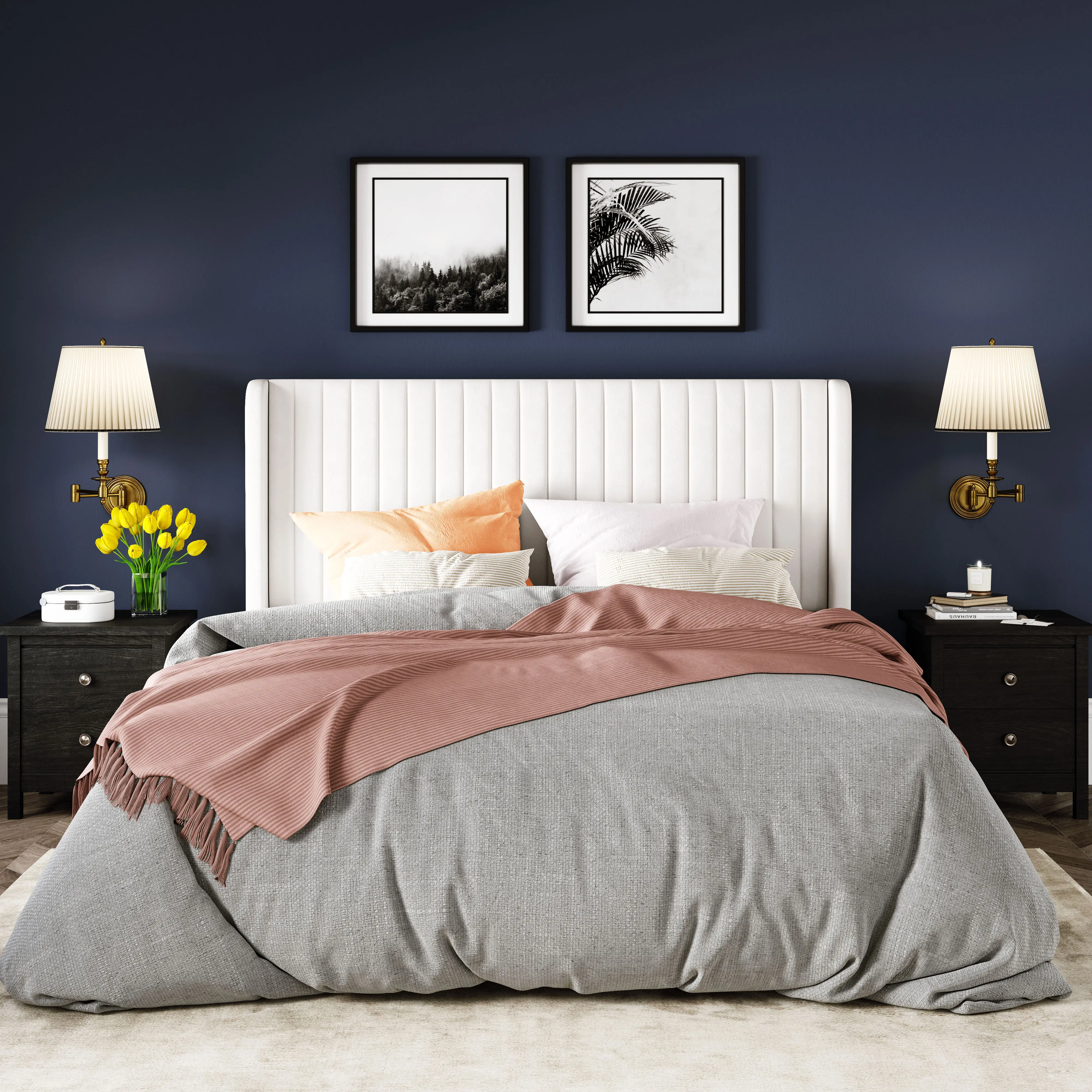 Allewie Full/Queen/King Velvet Upholstered Bed Frame - 【Frame Only No Mattress】Vertical Channel Tufted Wingback/Flat Headboard with Platform Design &