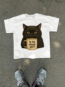 Cat Print T-Shirt, Casual Loose Fit, Breathable Cotton Fabric, Fun High Street Style, Unisex Couple Matching, Summer Short Sleeve Top