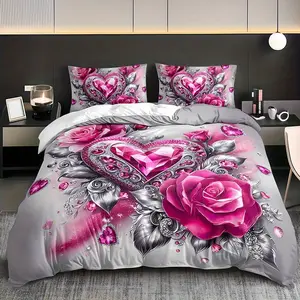 3pcs Rose Crystal Heart Decorative Bedroom Bedding Set (1 Fitted Sheet + 2 Pillowcases), High Definition Print, Luxurious Romantic Style