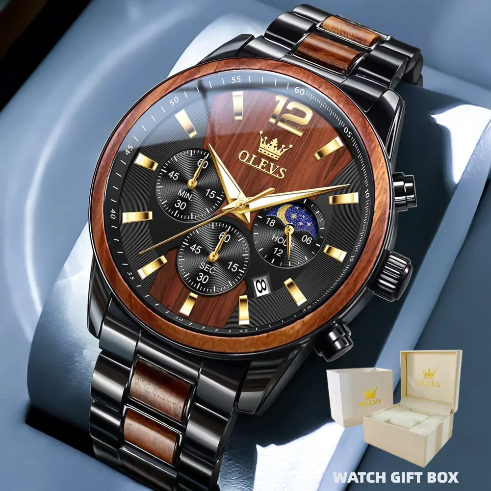 【Get a Free Gift Box】OLEVS Men's Luxury Quartz Watch Chronograph Moon Phase Stainless Steel Mechanical Wood Accent Wrist Watch, Luminous Waterproof Business Casual Fashion Watches for Men, Outdoors & Daily Wear SummerWins 4th of July Accessories Gift 3645