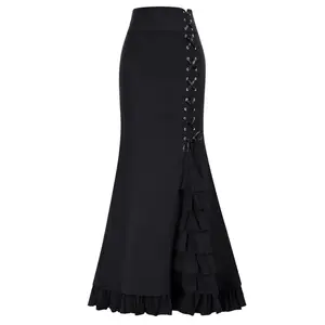 Gothic Mermaid Skirt - Black with Lace-Up Side Detail & Ruffled Hem Design