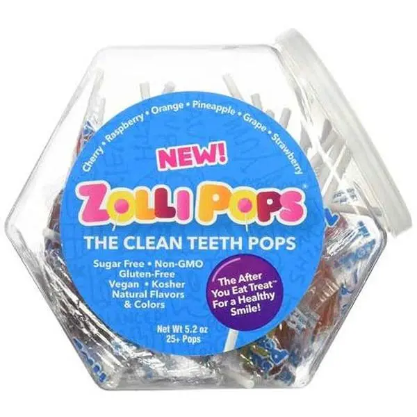 Zollipops Original Clean Teeth Candy Assorted Small Hex Shape Jar 5.2oz - Zero Sugar Vegan Keto Allergy Friendly Fruit Flavors Delicious Lollipops for Kids & Classrooms Sweet Natural