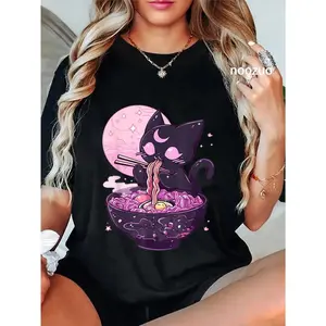 100% Cotton Unisex Pastel Goth Aesthetic Kawaii Creepy Cat Eating Ramen Noodles T-Shirt Casual Top