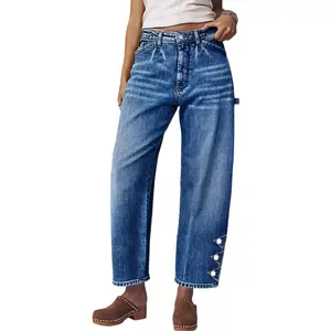 Flamingals Wash High Waist Barrel Leg Carpenter Crop Jeans Stretchy 24.8 Inseam