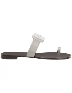 Giuseppe Zanotti Blahir Flat Embellished Sandal in Grey Leather with Crystal Brooch | Designer Sandals