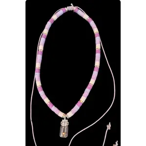 Multi-color Purple Clay Necklace with Mustard Seed Charm for Women or Men!