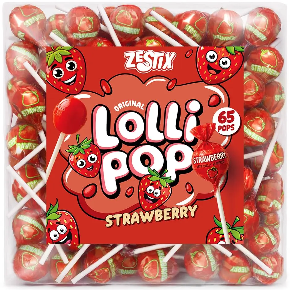 Strawberry Lollipops 65 Ct Bulk Suckers & Lollipops Individually Wrapped | Sweet Strawberry Flavor – Party Candy, Parade Treats, Birthday Favors & Kids Events