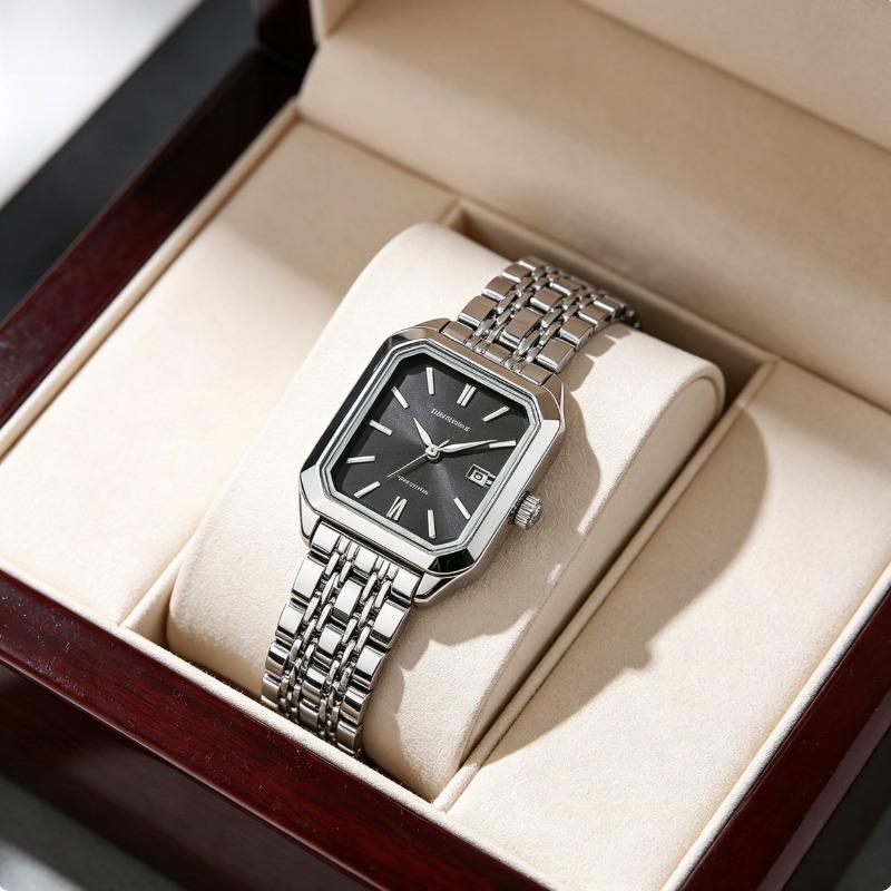 Silver-Tone Petite Rectangle Watch | Sleek Black Dial for Quiet Luxury Lovers