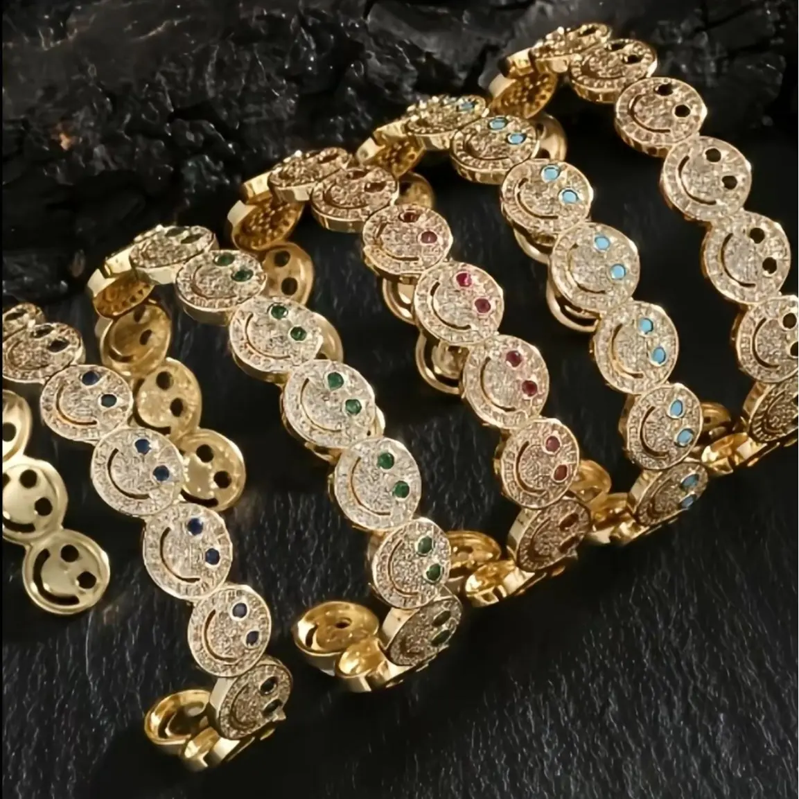 Smiley Face Copper Zircon Bangle Ring Set, Adjustable Open Cuff Bracelet & Stackable Ring, Sparkly Cubic Zirconia Happy Face Jewelry Set for Women, Party Daily Wear Gift，Fashionable Bangle, Fashion Bracelet, Trendy Jewellery Accessories