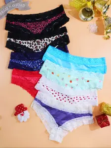 8Pcs Women's Lace Triangle Panties, Fitted Design, Moderate Fabric, All-Season Casual Style, Plain Pattern, Comfortable & Stylish, Trim Lace Panty