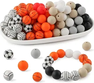 70Pcs Print Silicone Beads Sports, 15mm Silicone Beads for Keychain Making, Football Silicone Beads for Pens/Necklace and Bracelets Making（Sport Print）