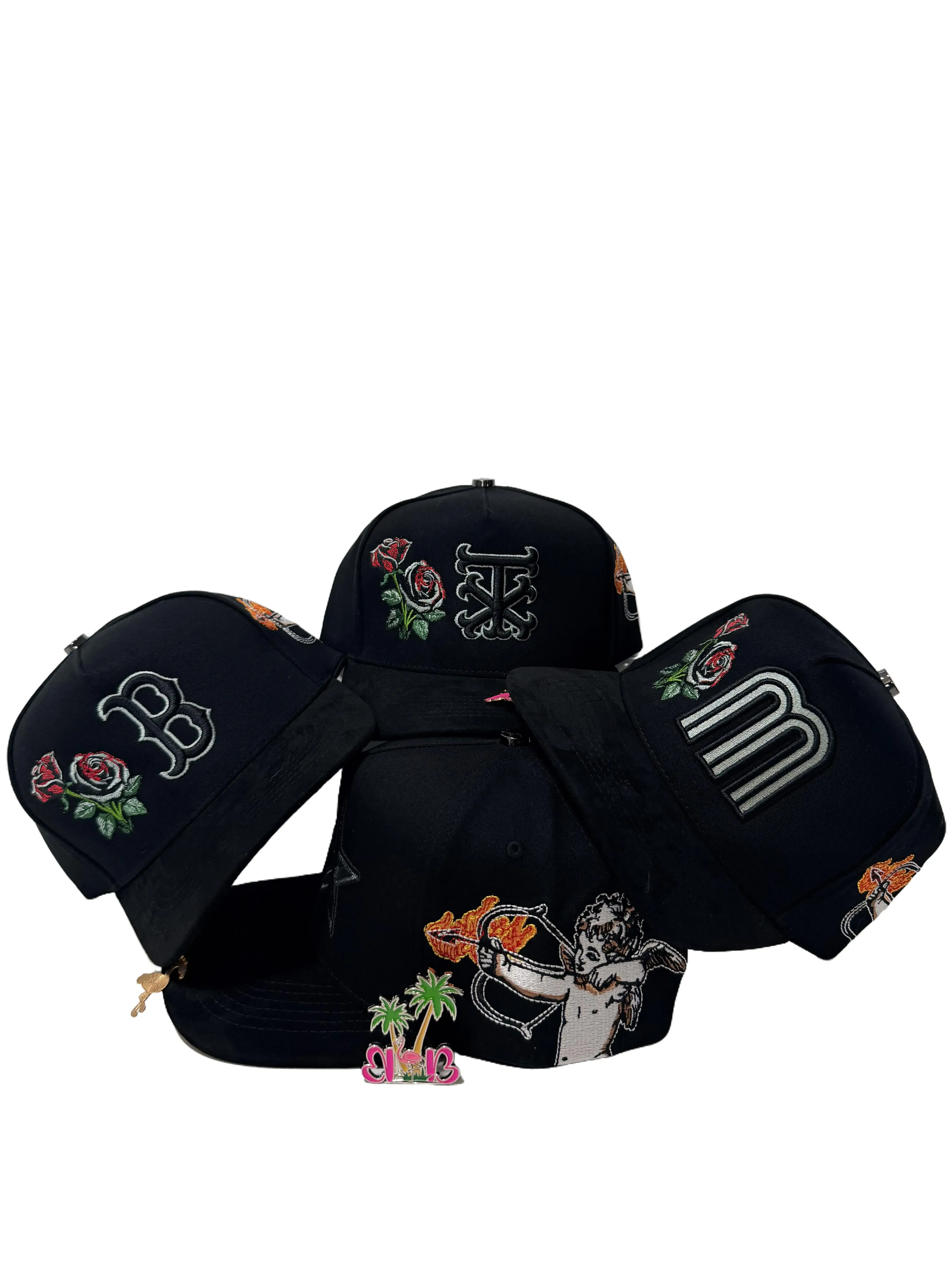 BB's Custom Wear Black Snapback Cotton Unisex Baseball Cap - Mini SPN Roses/Angels Embroidered Fashion Accessory for Trendy Outfits