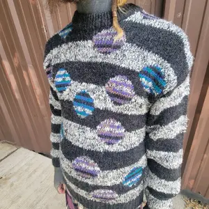 1980’s Vintage Black and Grey Striped Koman Sweater with Purple and Blue Striped Polka Dots