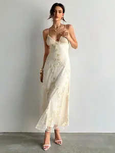 KINLANMAN Women's Wedding Season Sexy Elegant Deep V Ruched Bust Embroidered Fitted Waist Romantic Embroidered Maxi Dress Honeymoon Outfits Wedding Guest Island Vacation