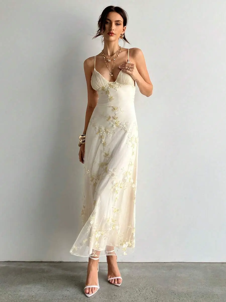 KINLANMAN Women's Wedding Season Sexy Elegant Deep V Ruched Bust Embroidered Fitted Waist Romantic Embroidered Maxi Dress Honeymoon Outfits Wedding Guest Island Vacation