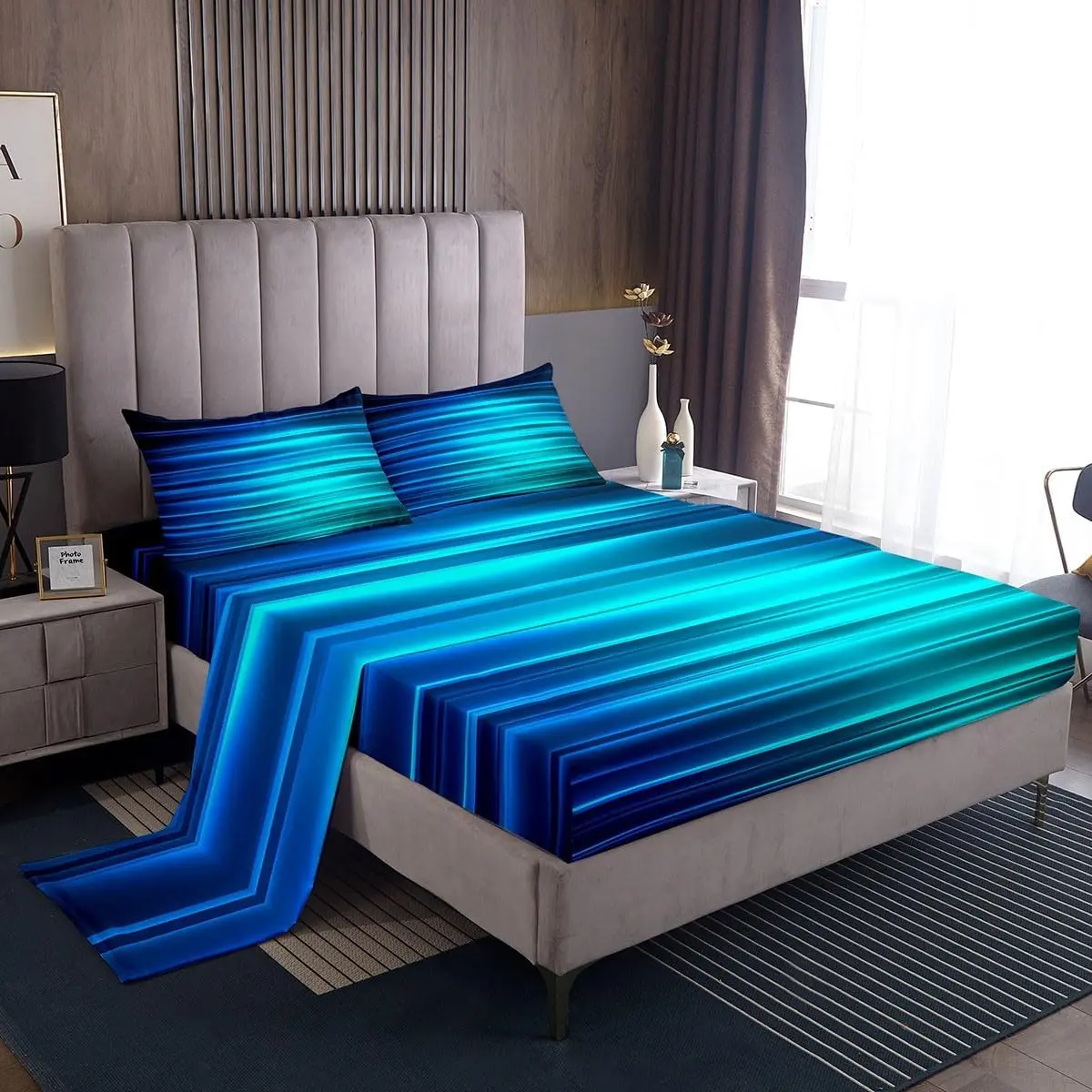 Feelyou Blue Black Gradient Geometric Abstract Ombre Bedding Sheet Sets - Soft Linens with Deep Pockets, Machine Washable, Multi-Size for Modern Contemporary Bedrooms, Abstract Art Textiles, Bedding Sheets