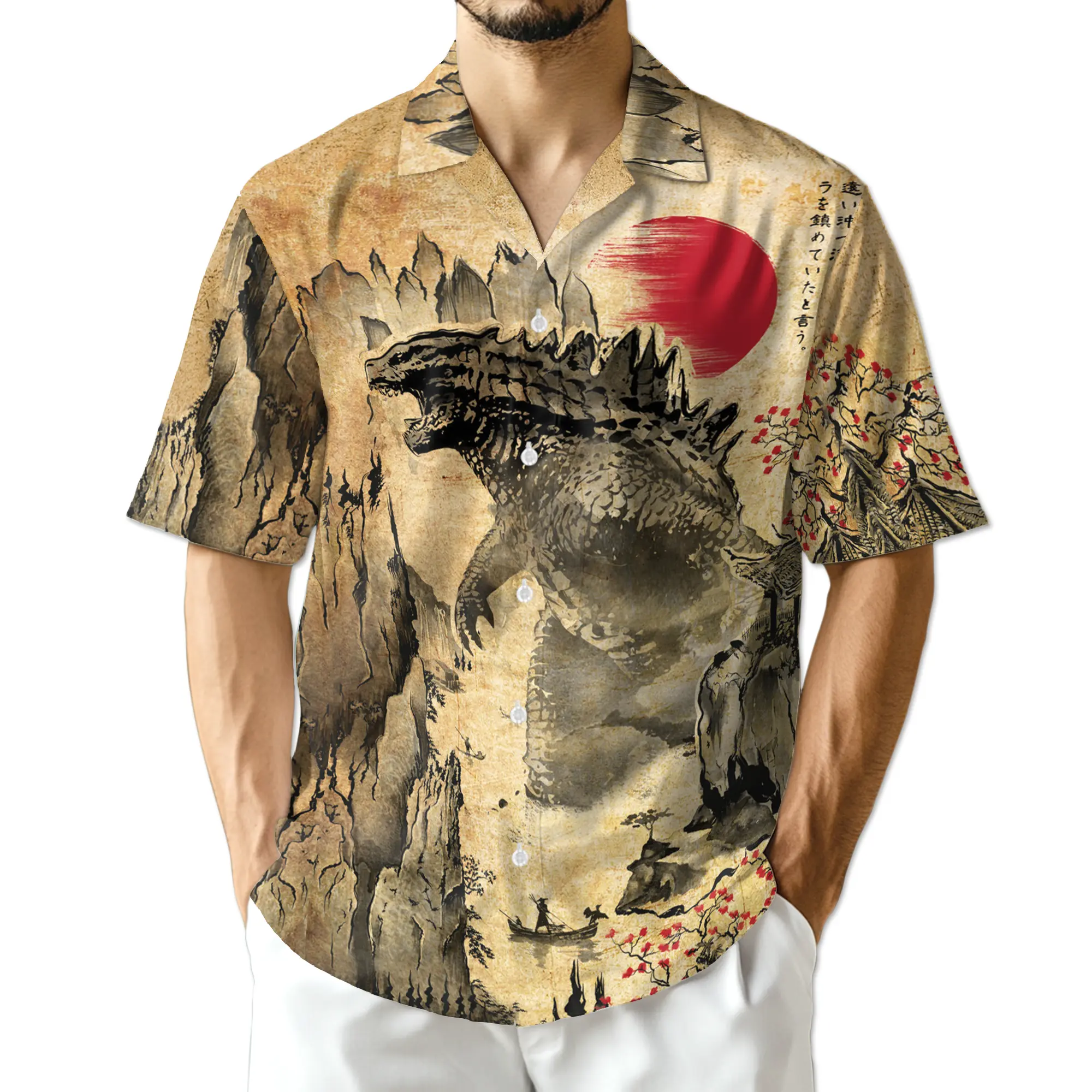 Giant Monster Hawaiian Shirt, Japanese Ink Art Aloha Shirt, Kaiju Inspired Button Down Shirt, Vintage Fantasy Summer Shirt for Men