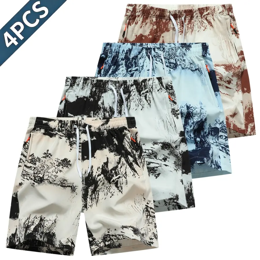 Four piece tie dye drawstring men’s casual shorts—vacation casual style. Elastic drawstring waistband for adjustable fit, side zipper pockets for practical storage, curved hem that shapes the legs, breathable quick dry fabric that is skin friendly and com