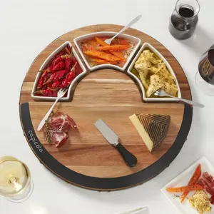Barrel-Inspired Acacia Wood and Chalkboard Swivel Cheeseboard Set