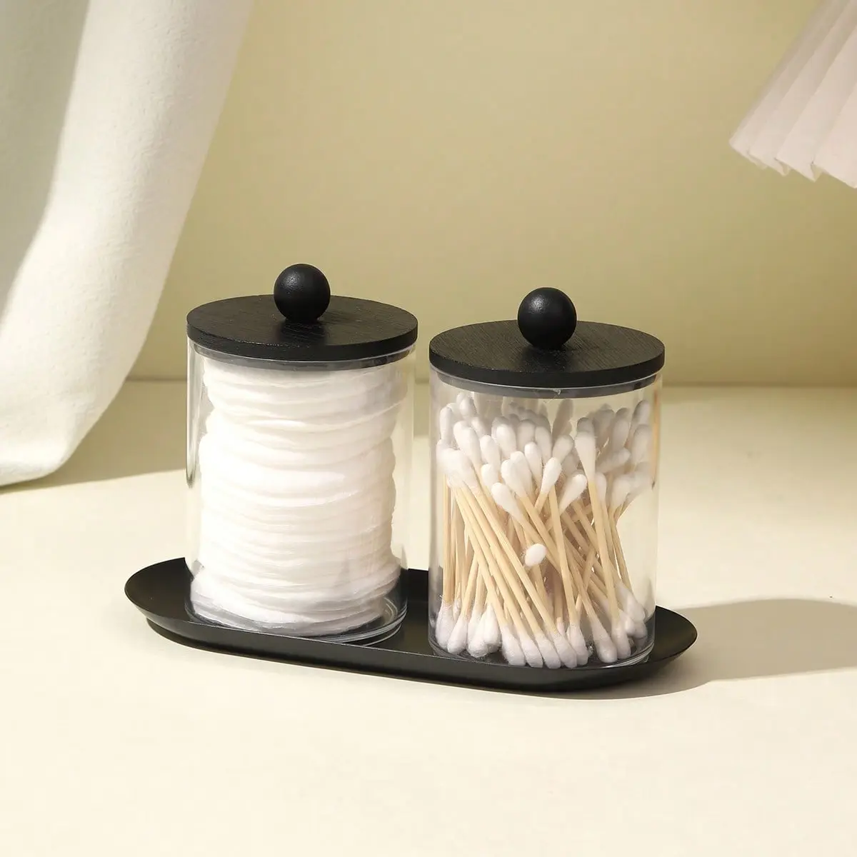 Qtip Holder Dispenser with Tray Bathroom Jar Storage Container Acrylic Apothecary Jars Canisters, Plastic Canister Jar, Cotton Ball Qtip Holder Set with Black Lids for Cotton Swab, Storage Organizer