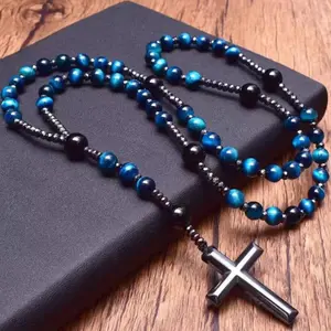 Handmade Bule Tiger Eye +Black Onyx + Hematite Pendant Necklace - Catholic Christ Pendant Necklace with Cross Blue Christian Symbol Emotional Balance