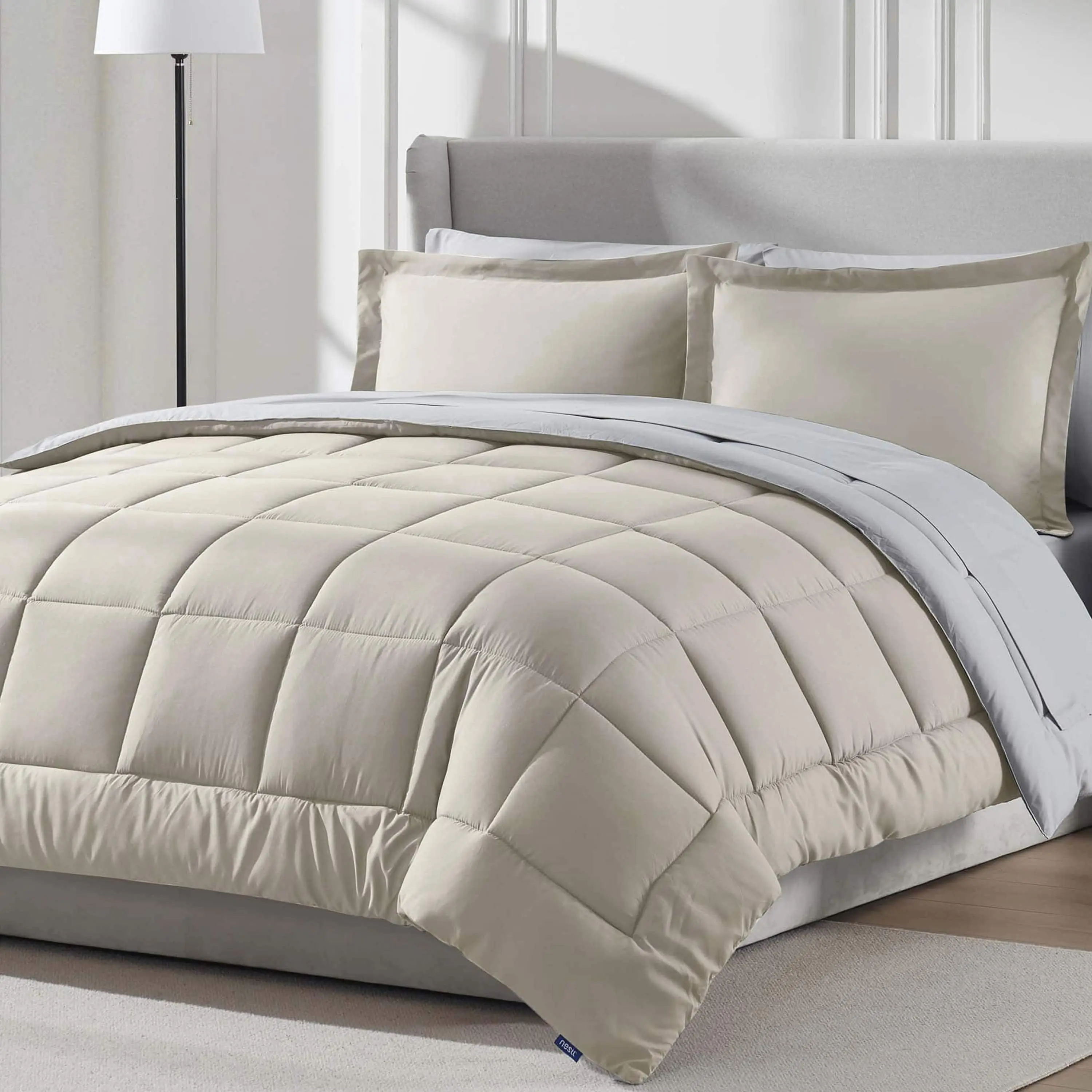 Nestl 9 Piece Luxury Soft Reversible Comforter Set – All season Bed in a Bag Complete Bedding Set with Sheets, Comforter, Duvet Cover, Set of 2 Down Alternative Pillows, Pillowcases and Shams