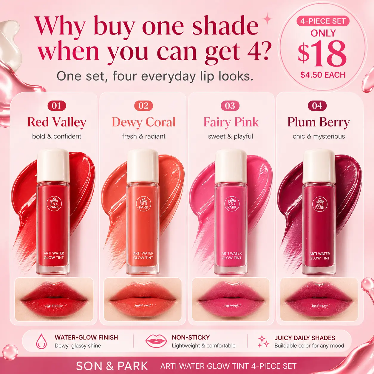 Son & Park 4-Piece Water Glow Lip Tint Set, Korean Glassy Lip Tint