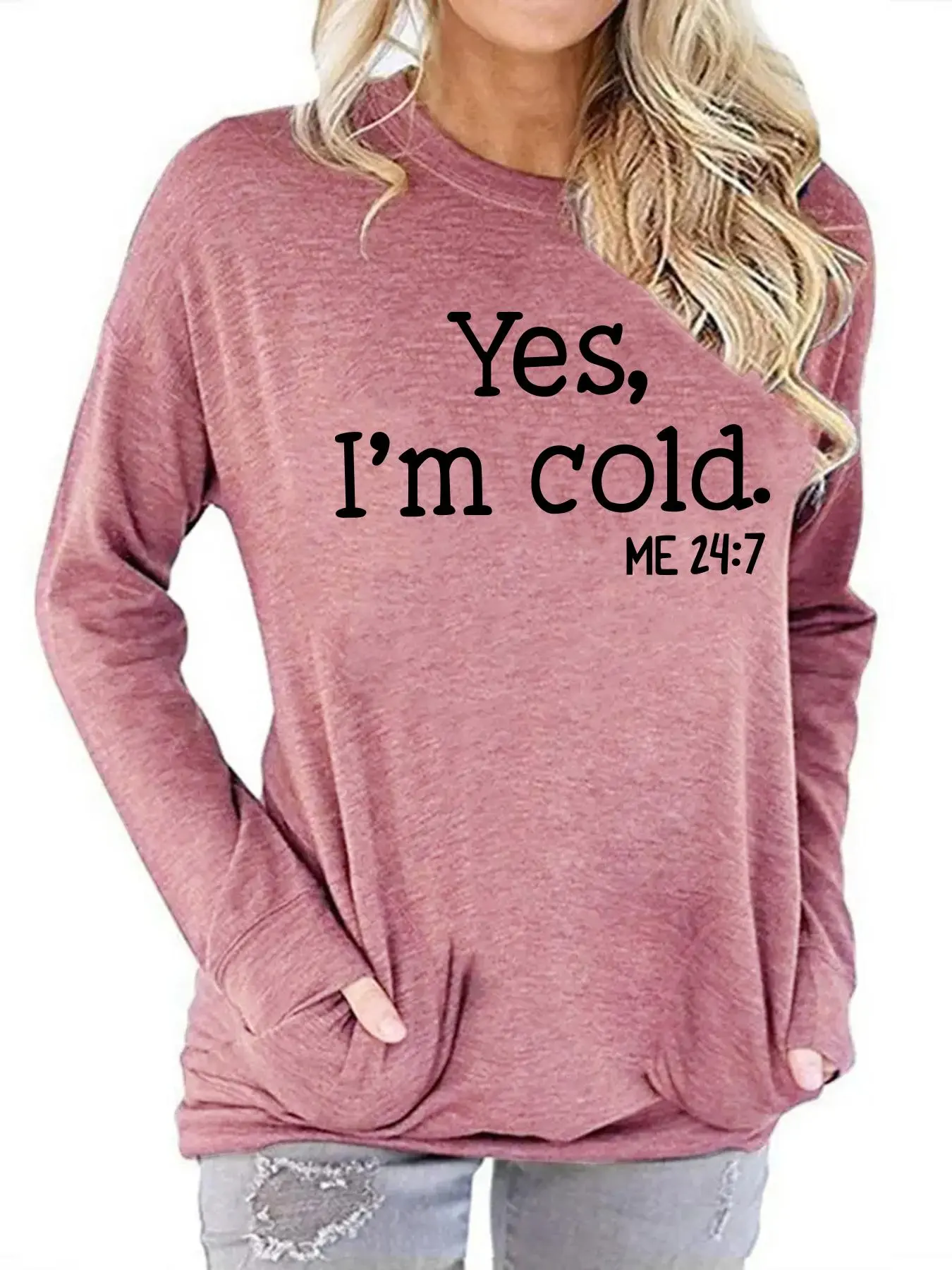 Women's Yes I'm Cold Letter Print Round Neck Sweatshirt, Casual Long Sleeve Pullover, Women's Top Womenswear Everyday for Fall Daily Wear