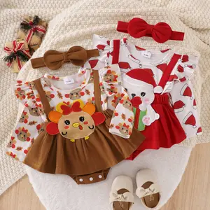 Baby Girl Thanksgiving Bodysuit Dress Ruffled Turkey Princess Dress Bodysuit Bow Headdress Set