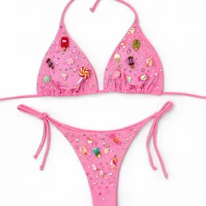 Pink Bikini Set with Rhinestone Candy Charms - Fun and Festive Design for Summer